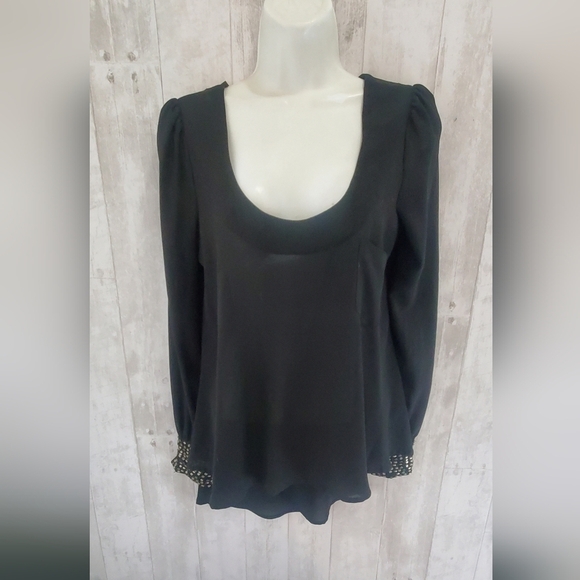 💚5/$25 Very J Black Semi Sheer Blouse Embellished Cuff Long Sleeves Size Small - Picture 2 of 6